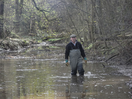 TA wading in the 'porridge' of silt in the Lemno Burn at Finavon